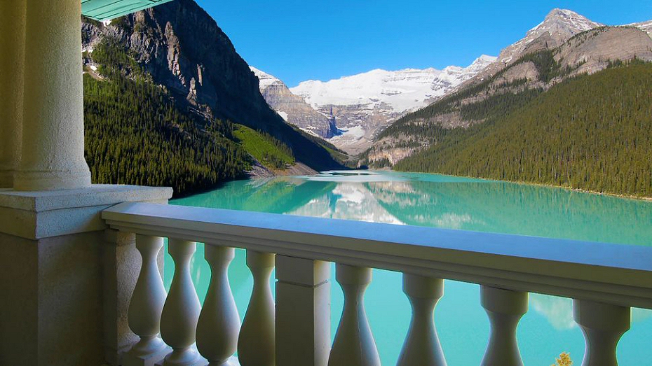 Lake Louise seen from a hotel balcony